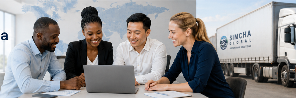 Diverse professionals collaborating in an international supply chain environment